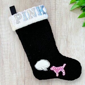 Victorias Secret PINK Black White Sherpa Dog Sparkle Christmas Stocking